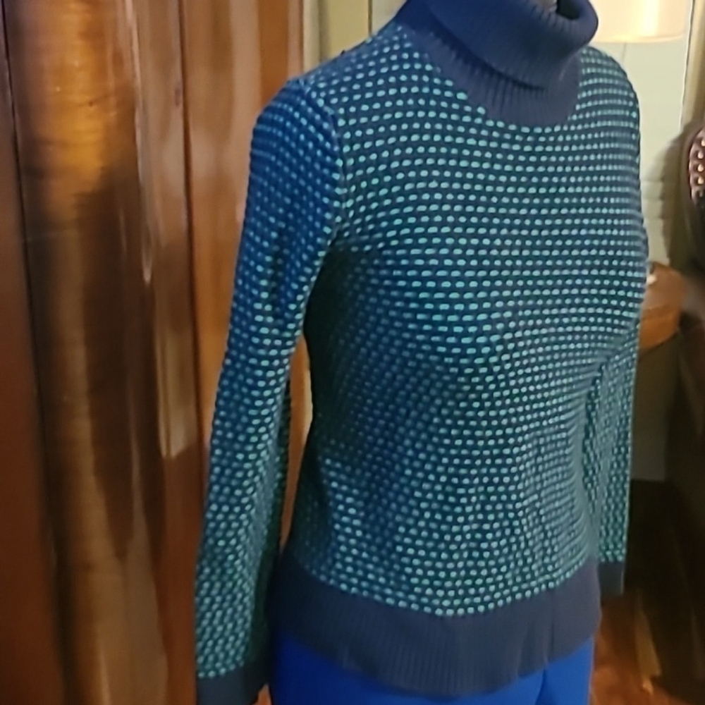 J Crew sz Med. Navy & green textured turtleneck knit sweater.(#652)